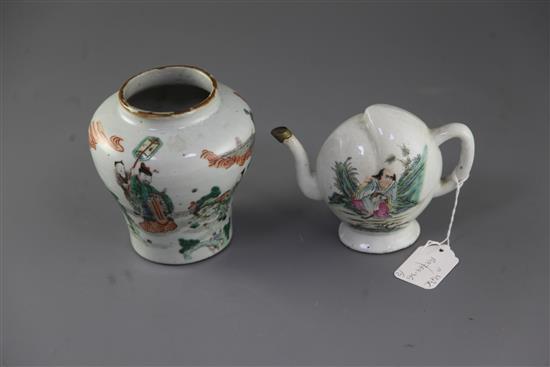 A Chinese famille verte baluster jar and a similar peach shaped wine pot, Qing dynasty, height 12.3cm